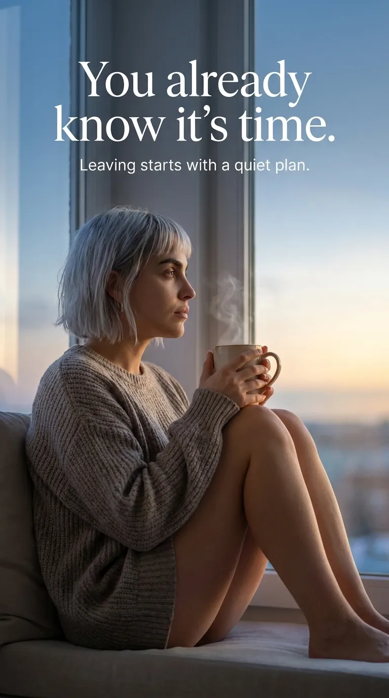 Kaia in a gray knit sweater sitting in a window seat holding a mug of tea at sunrise
