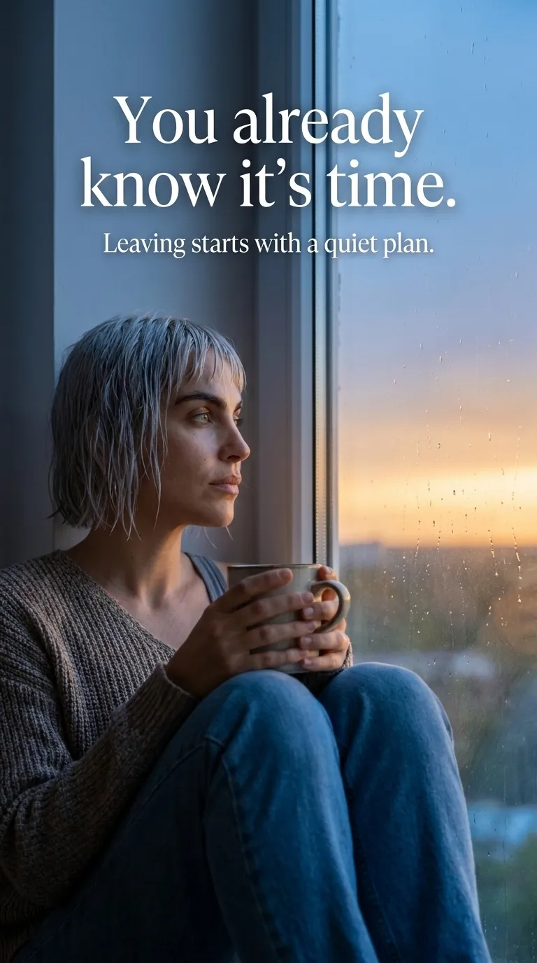 Kaia in a gray sweater and jeans holding a mug by a rainy window at dusk