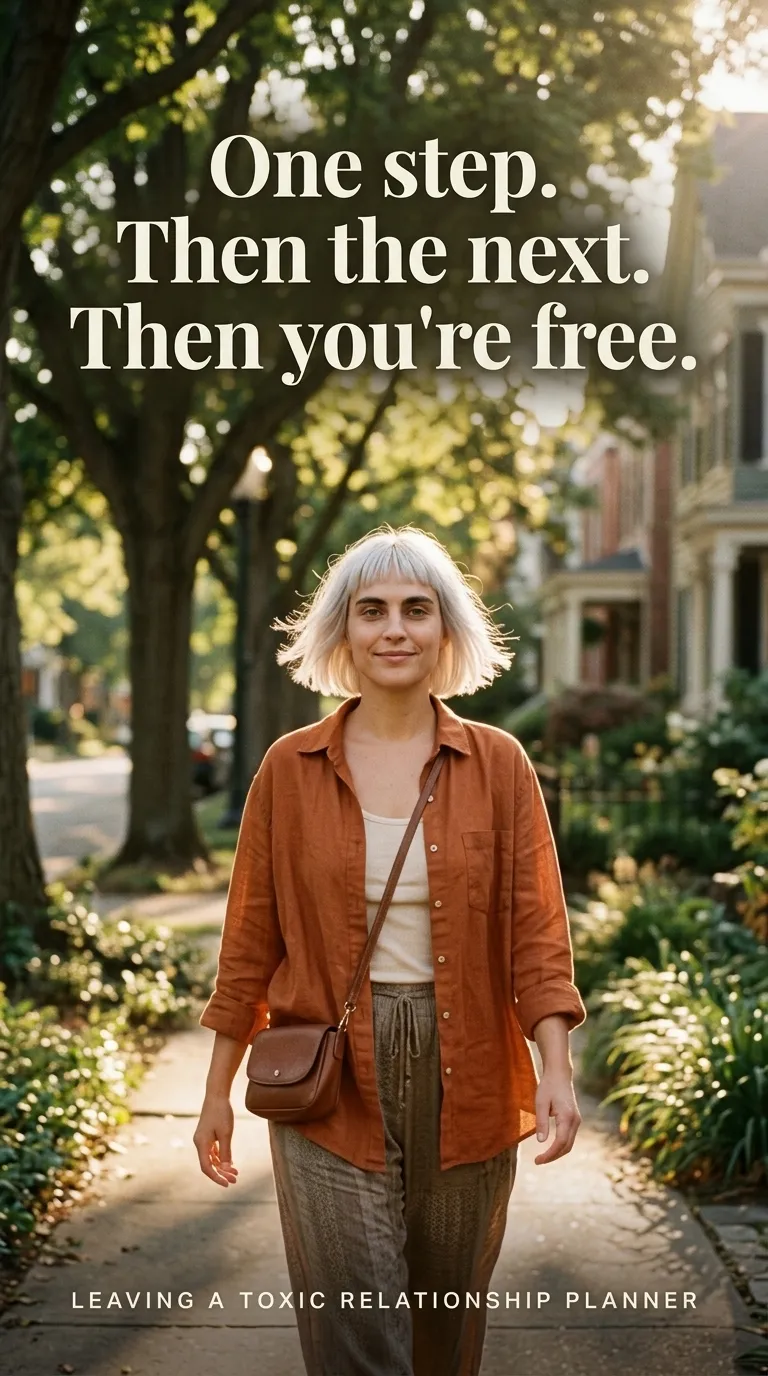 Kaia in a rust linen shirt and olive trousers walking down a sunny tree-lined sidewalk with a crossbody bag