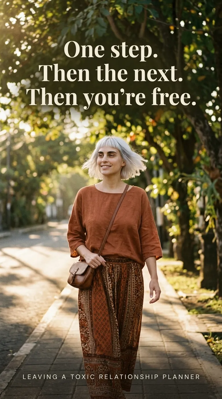Kaia in a rust top and patterned skirt walking along a leafy sidewalk in warm evening light