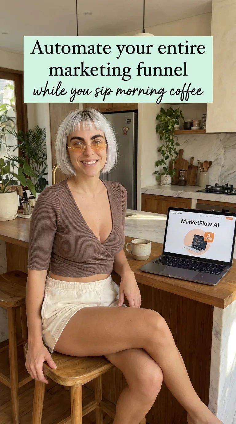 Kaia in a brown wrap top and cream shorts on a kitchen stool beside a laptop showing MarketFlow AI