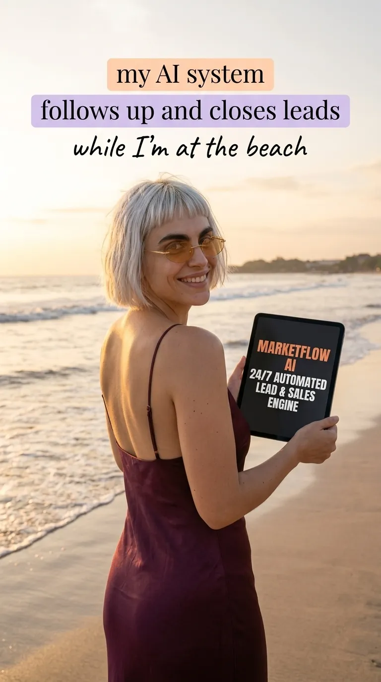 Kaia in a burgundy slip dress on the beach at sunset holding a tablet showing MarketFlow AI