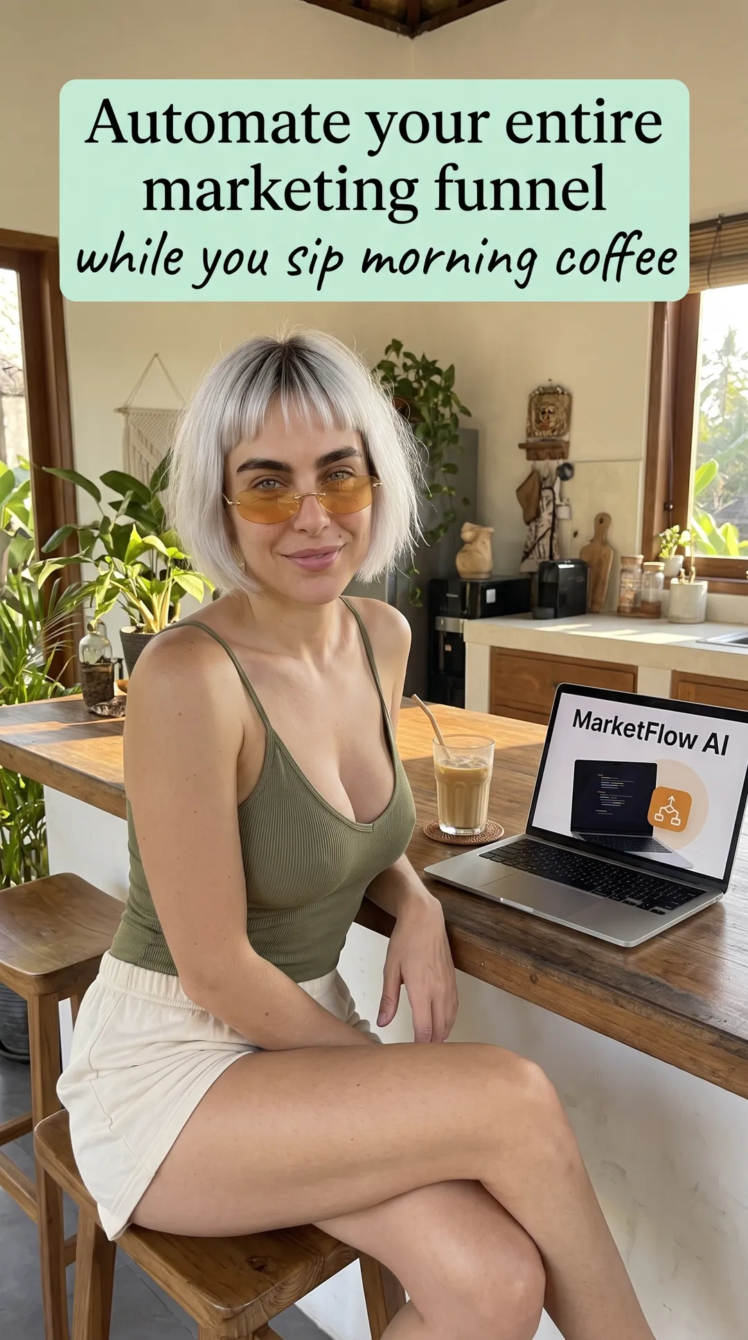 Kaia in an olive tank top and cream shorts on a kitchen stool with a laptop showing MarketFlow AI and an iced coffee