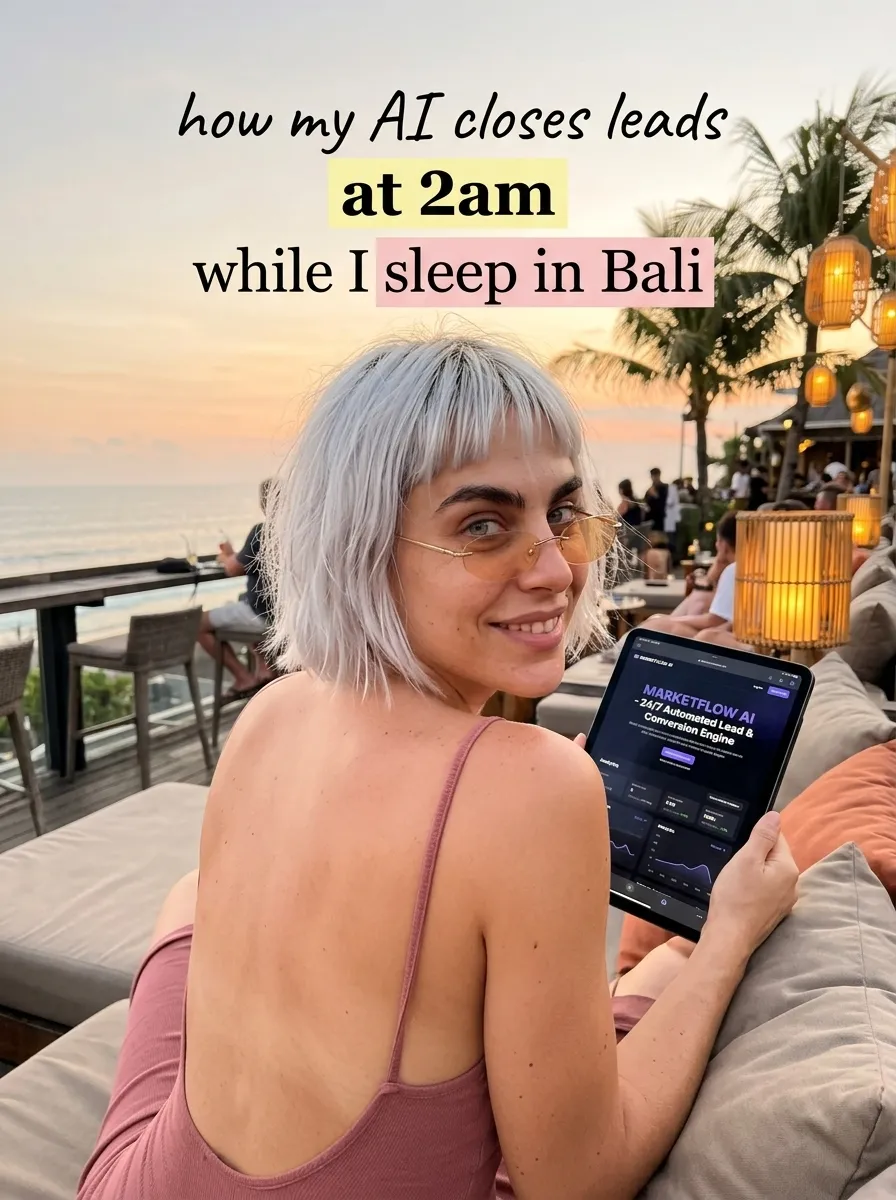 Kaia in a pink open-back slip dress on a lounge sofa at a seaside bar at dusk with a tablet showing MarketFlow AI