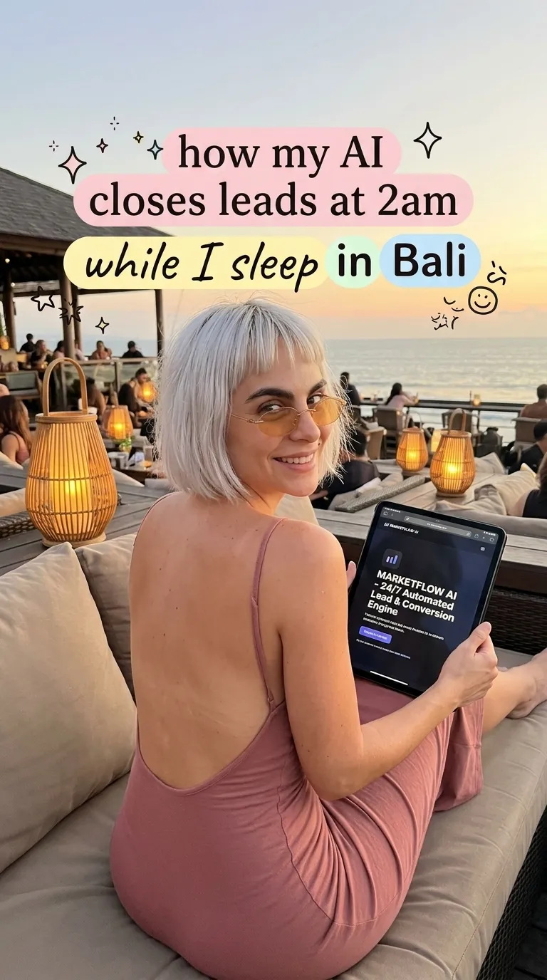 Kaia in a pink slip dress on a beach club lounge at sunset holding a tablet showing MarketFlow AI