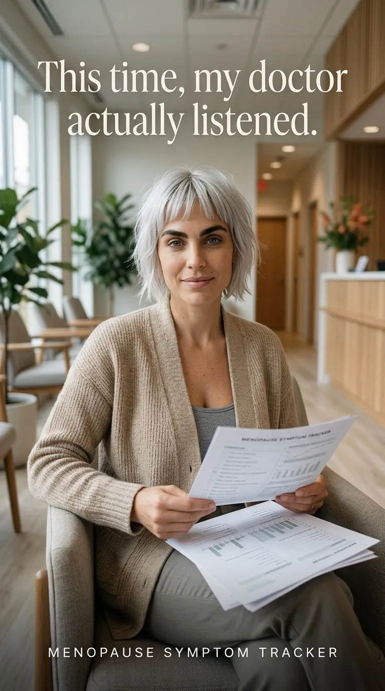Kaia in a beige cardigan holding printed Menopause Symptom Tracker pages in a clinic waiting room