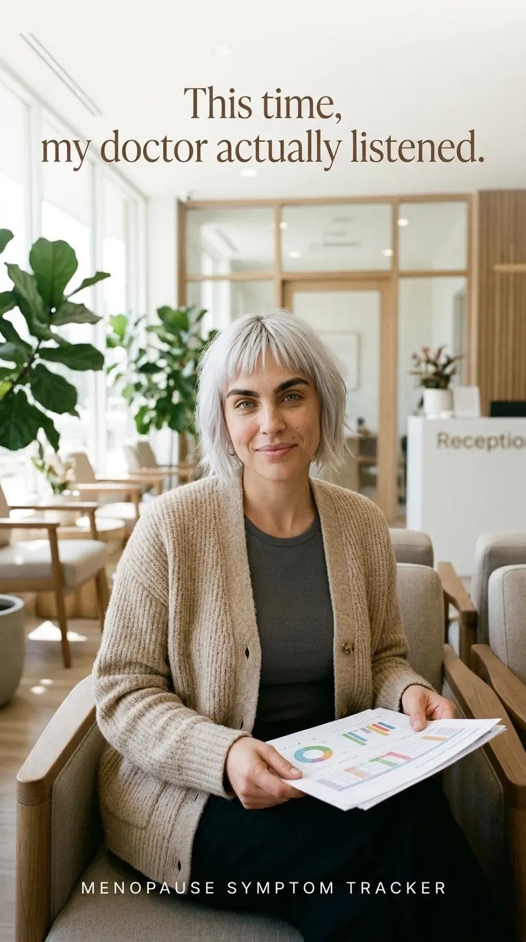 Kaia in a beige cardigan holding printed symptom summary charts in a bright clinic waiting area