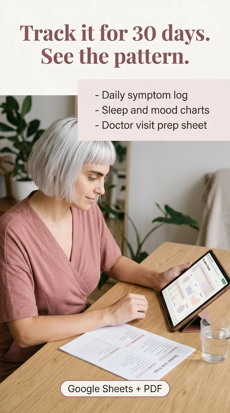 Kaia in a pink blouse viewing symptom charts on a tablet beside printed tracker pages at a wooden table
