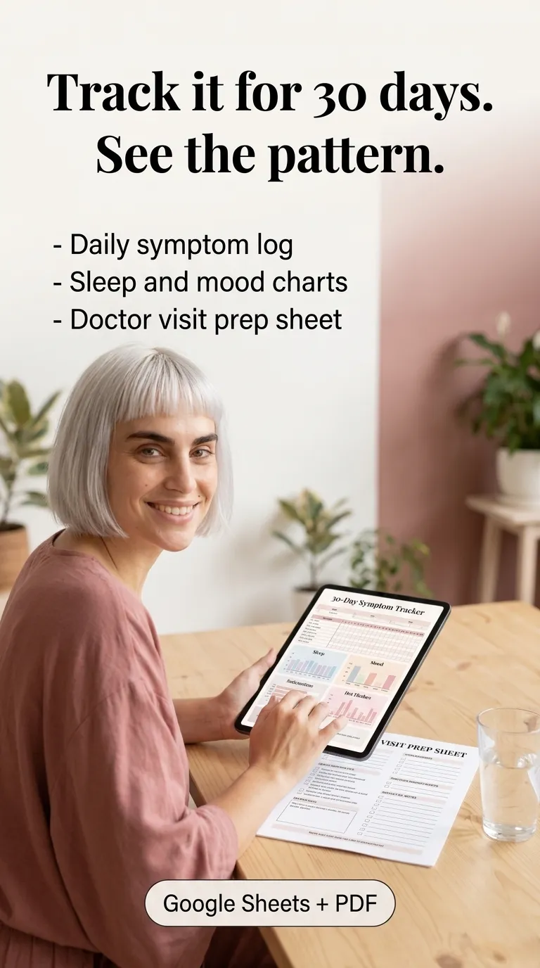 Kaia in a pink top using the Menopause Symptom Tracker on a tablet at a wooden table with a printed prep sheet