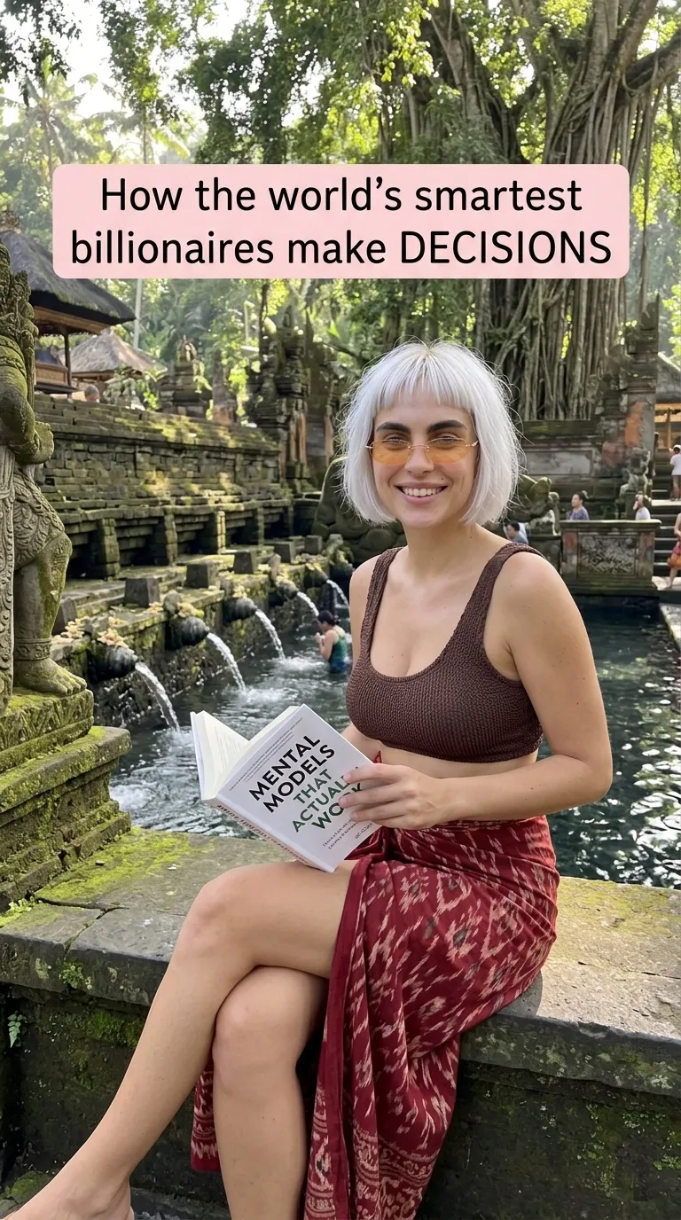 Kaia in a brown top and red sarong by a temple fountain holding Mental Models That Actually Work