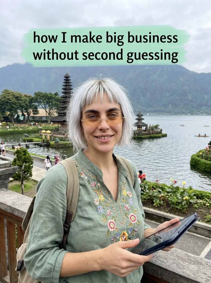 Kaia in an embroidered green blouse and backpack holding a tablet by a lakeside temple