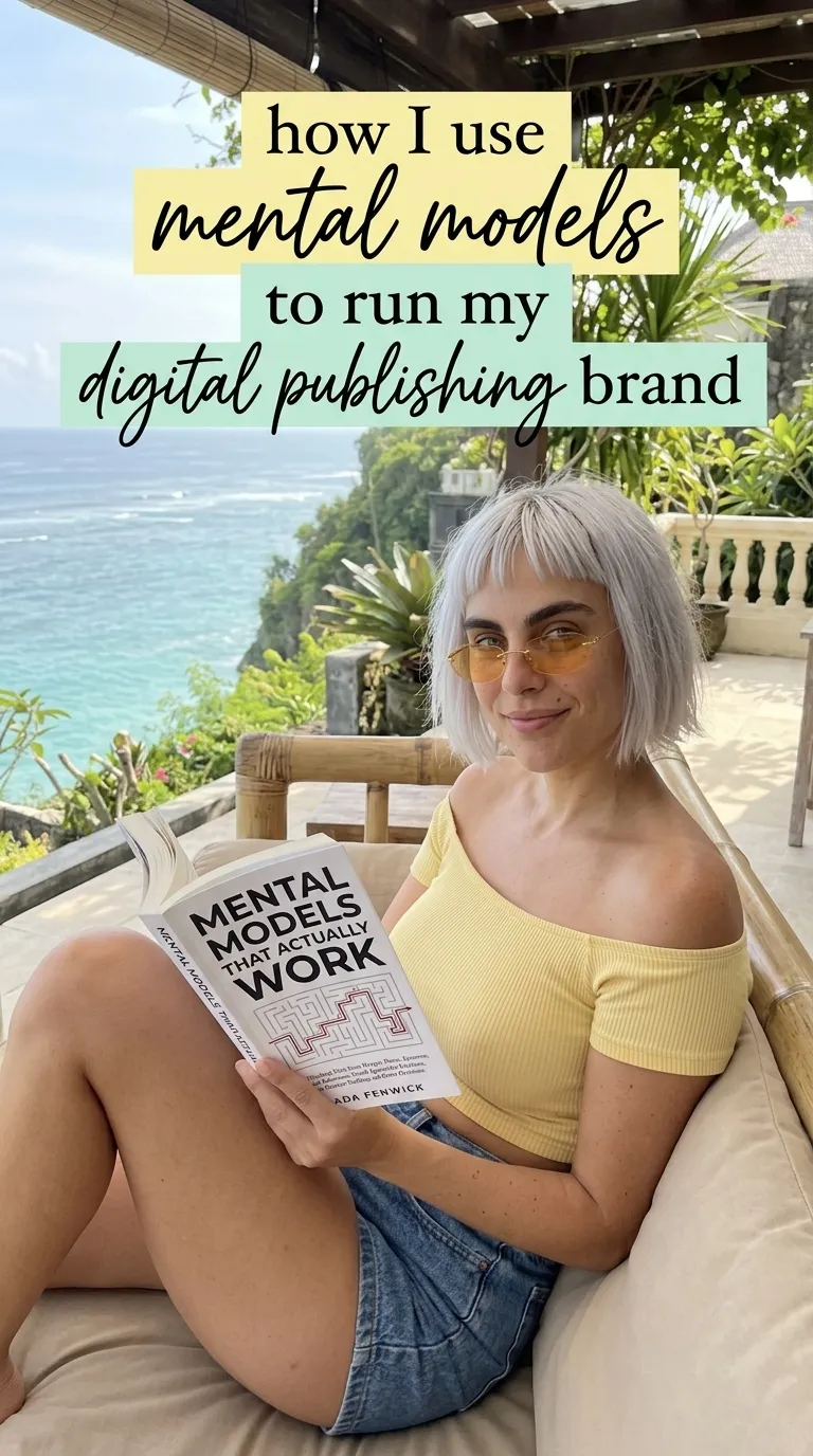 Kaia in a yellow top and denim shorts on an ocean-view terrace reading Mental Models That Actually Work