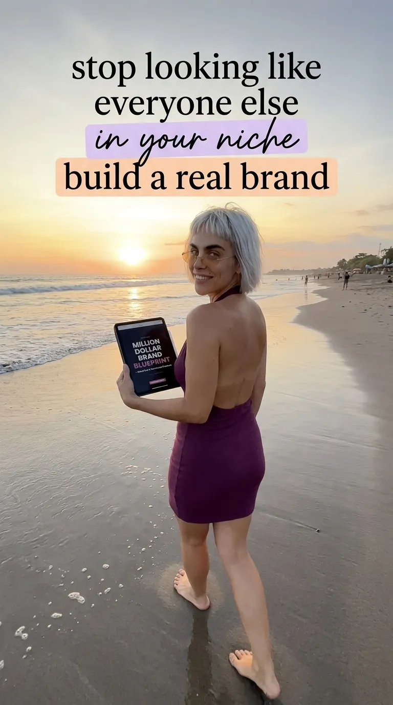 Kaia in a purple halter mini dress walking barefoot on wet sand at sunset with a Million Dollar Brand Blueprint tablet