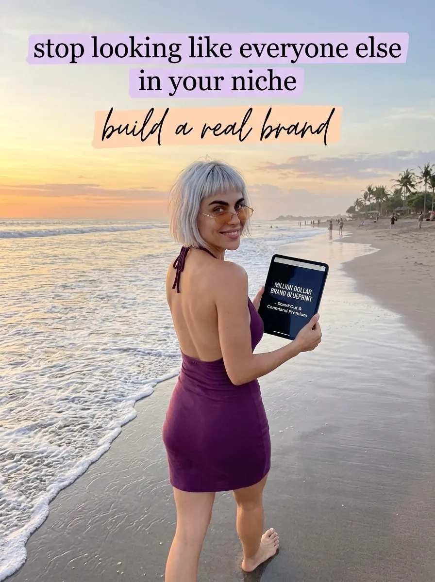 Kaia in a purple halter mini dress holding a tablet with Million Dollar Brand Blueprint at the water's edge at sunset