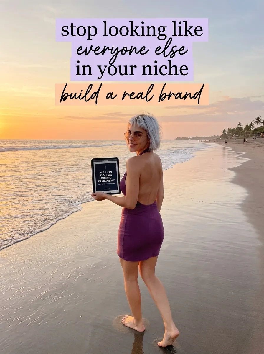 Kaia in a purple mini dress looking back on a sunset beach while holding a tablet with Million Dollar Brand Blueprint