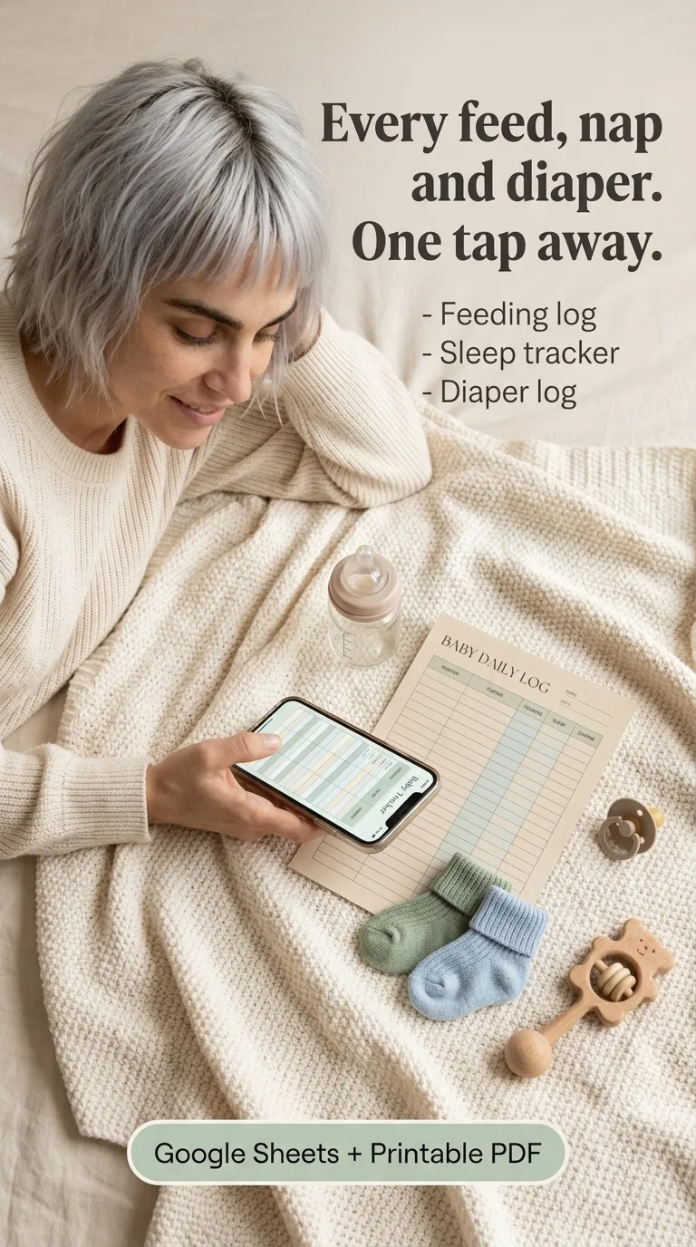 Kaia in a cream sweater lying on a knit blanket, logging a feed on her phone beside a printed baby daily log