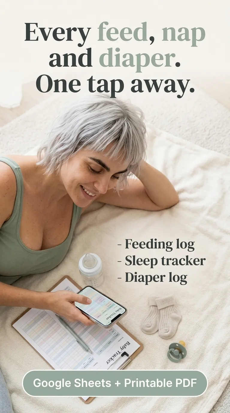 Kaia in a sage tank top on a cream blanket tapping the baby tracker on her phone over a printed log clipboard