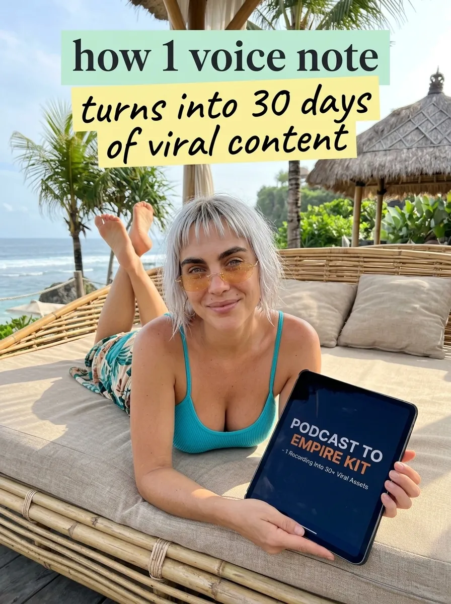 Kaia in a teal swimsuit lying on a bamboo daybed by the sea holding a tablet showing Podcast to Empire Kit