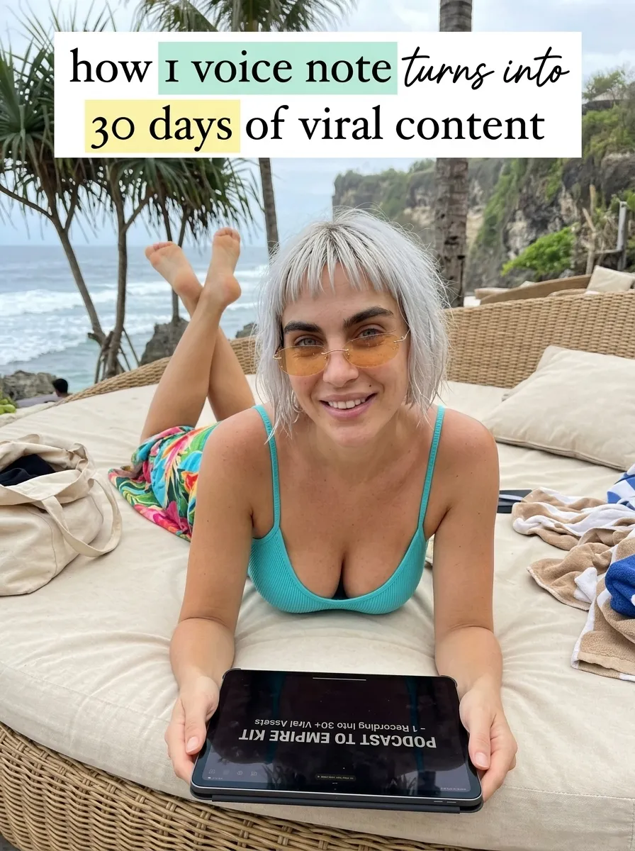 Kaia in a teal swimsuit and floral sarong lying on a round daybed by the ocean holding a tablet showing Podcast to Empire Kit