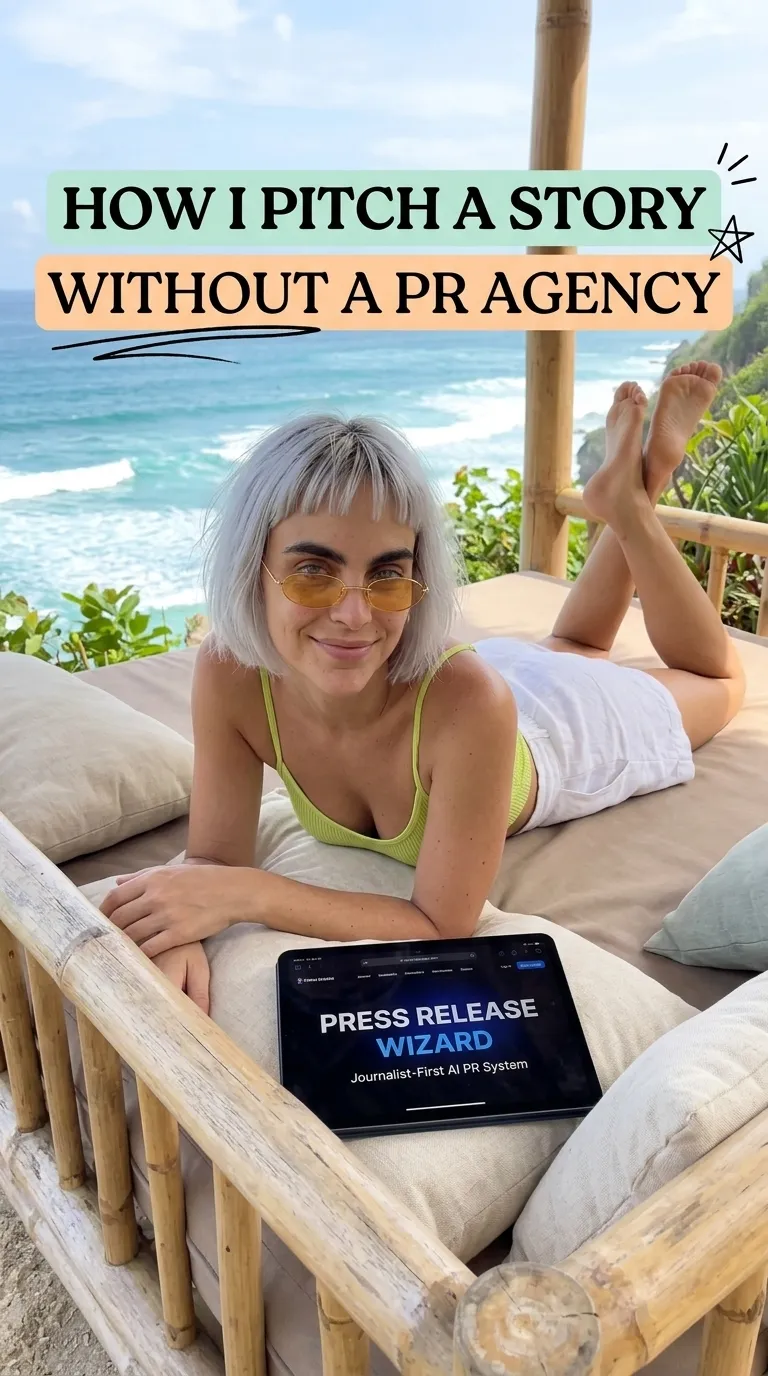 Kaia in a lime tank top lying on a bamboo beach daybed with a tablet showing Press Release Wizard