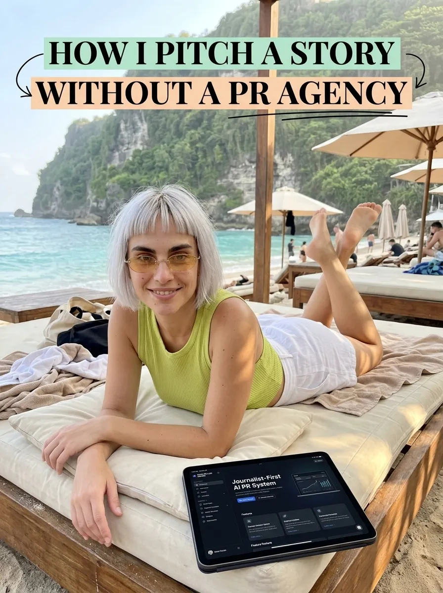 Kaia in a lime tank top on a beach daybed near green cliffs with a tablet showing the Press Release Wizard screen