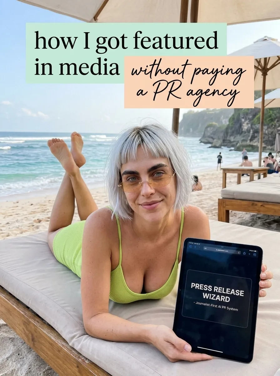 Kaia in a lime tank top lying on a beach lounger under an umbrella holding a tablet showing Press Release Wizard