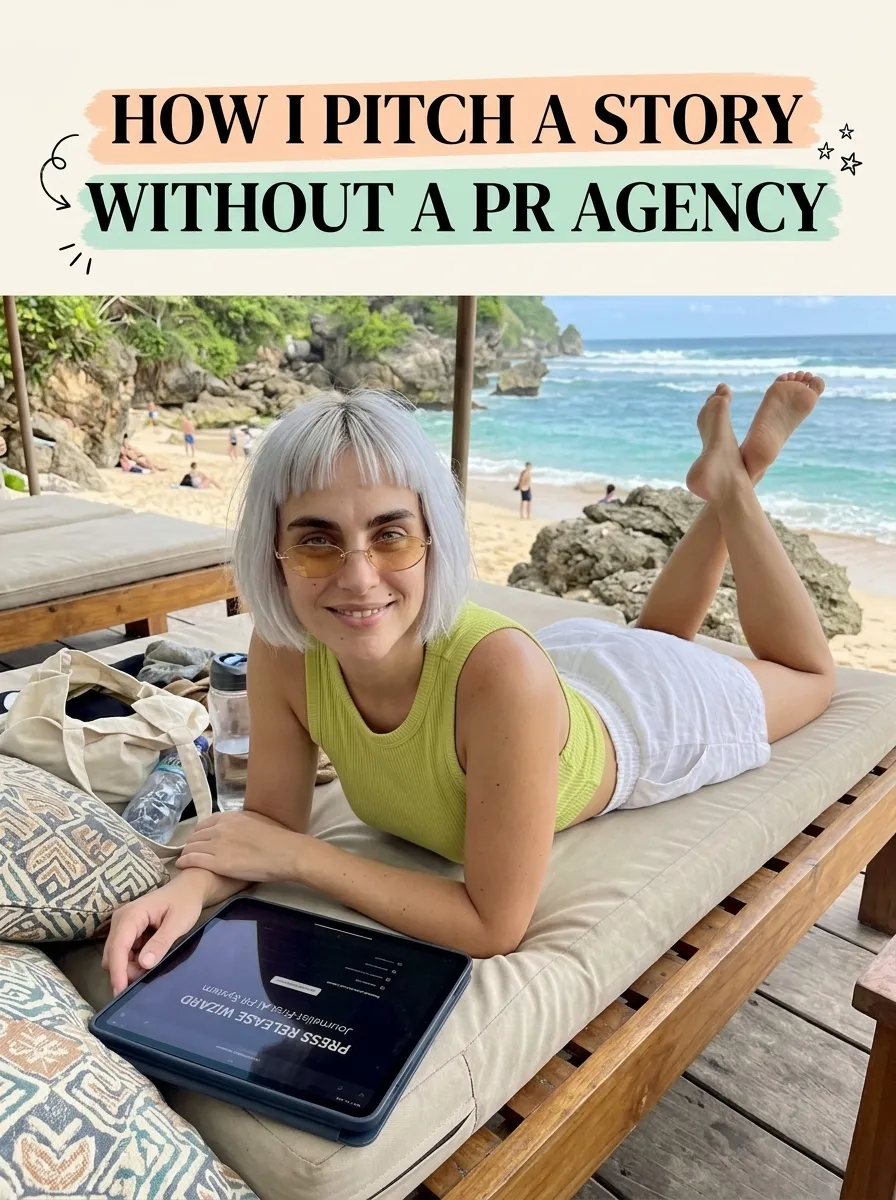 Kaia in a lime tank top and white shorts lying on a cushioned beach lounger with a tablet showing Press Release Wizard