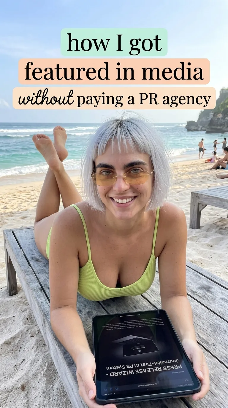 Kaia in a lime tank top lying on a wooden bench on the sand holding a tablet showing Press Release Wizard