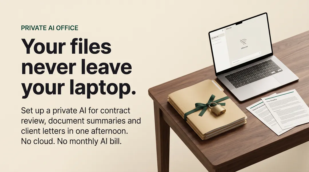 Private AI Office banner: client folders tied with a padlock beside a laptop running offline on a wooden desk