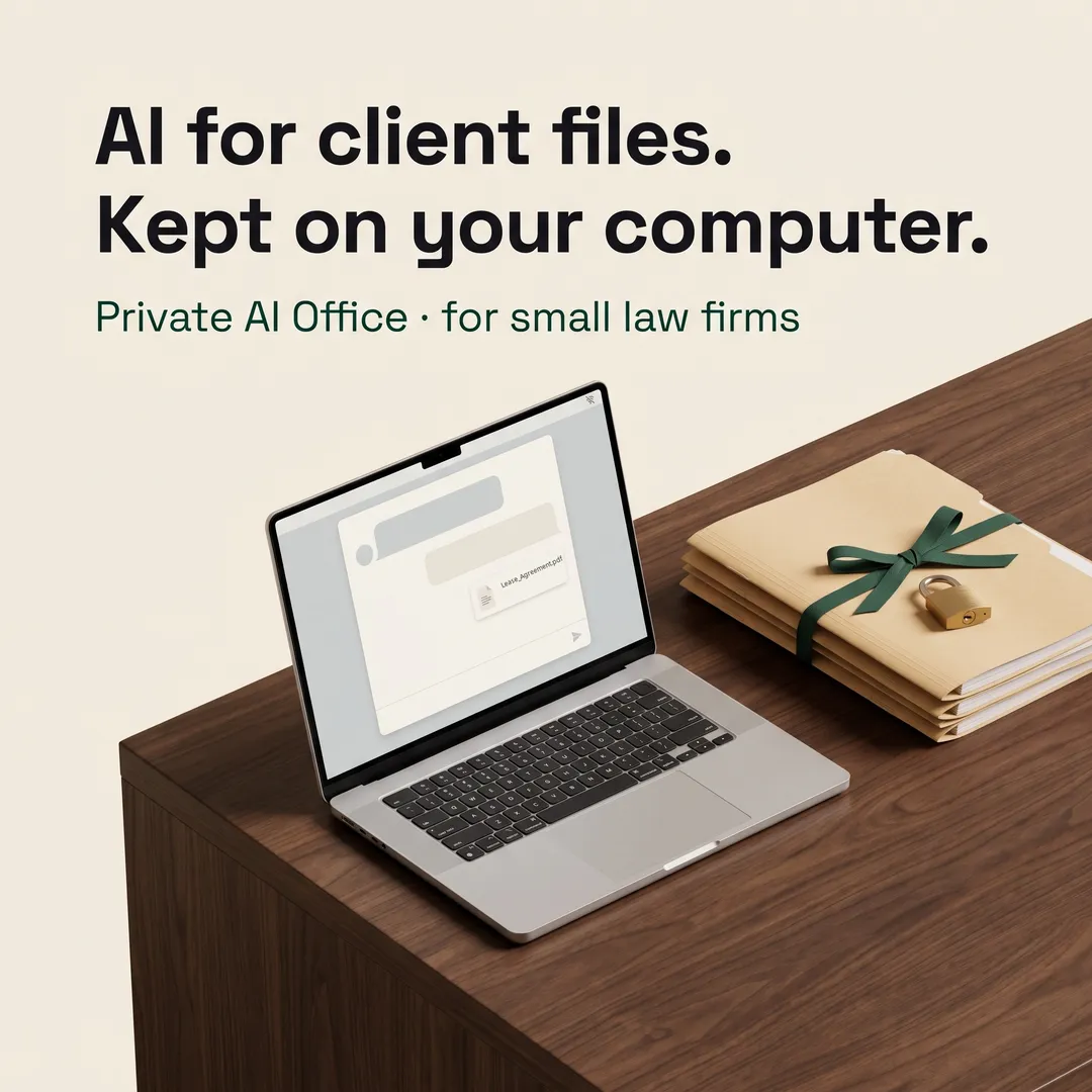 Private AI Office cover: a laptop with a chat window next to locked client folders on a walnut desk