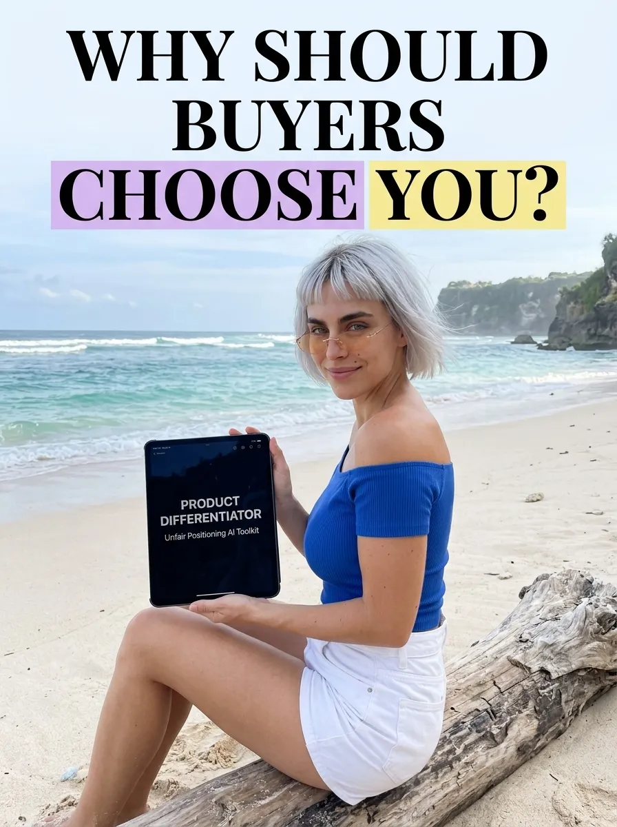 Kaia in a blue crop top and white shorts on a beach log holding a tablet showing Product Differentiator