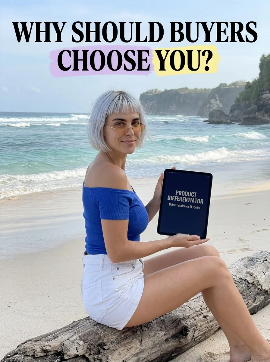 Kaia in a blue off-shoulder top sitting on driftwood by the sea holding a tablet showing Product Differentiator
