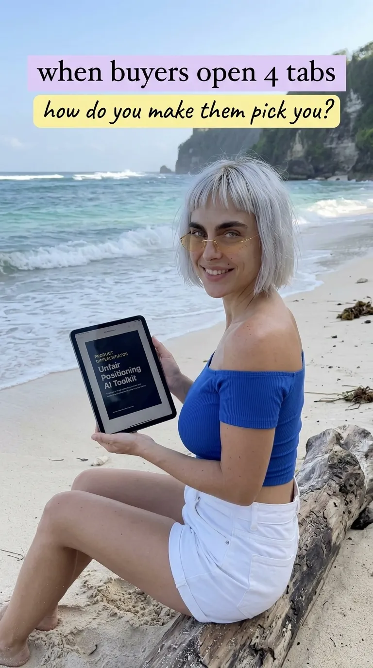 Kaia in a blue off-shoulder top on a driftwood log by the waves holding a tablet showing Product Differentiator