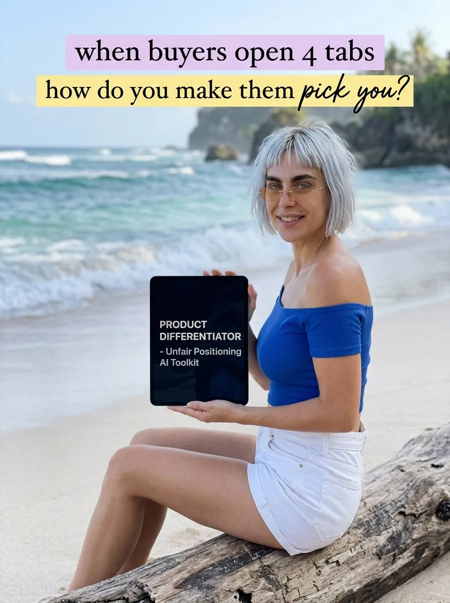 Kaia in a blue off-shoulder top and white shorts on a beach log holding up a tablet showing Product Differentiator