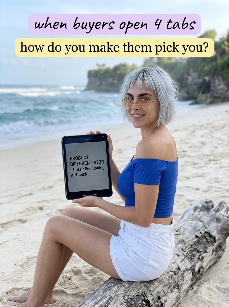 Kaia in a blue off-shoulder top and white shorts on a beach driftwood log holding a tablet showing Product Differentiator