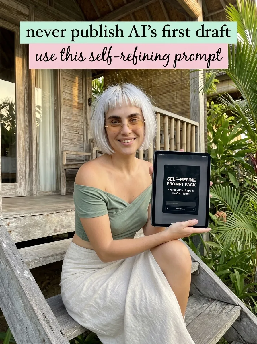 Kaia in a sage off-shoulder top sitting on the steps of a tropical bungalow with a tablet showing Self-Refine Prompt Pack