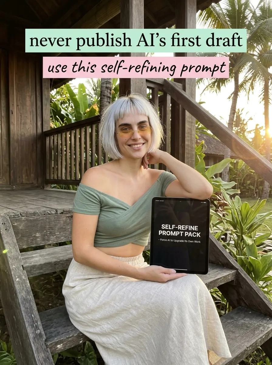 Kaia in a sage off-shoulder top and cream linen skirt on bungalow steps holding a tablet showing Self-Refine Prompt Pack