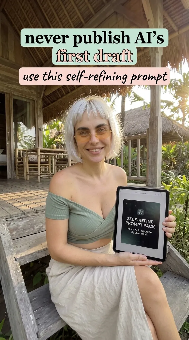 Kaia in a sage top and cream skirt on wooden porch steps among palms holding a tablet showing Self-Refine Prompt Pack