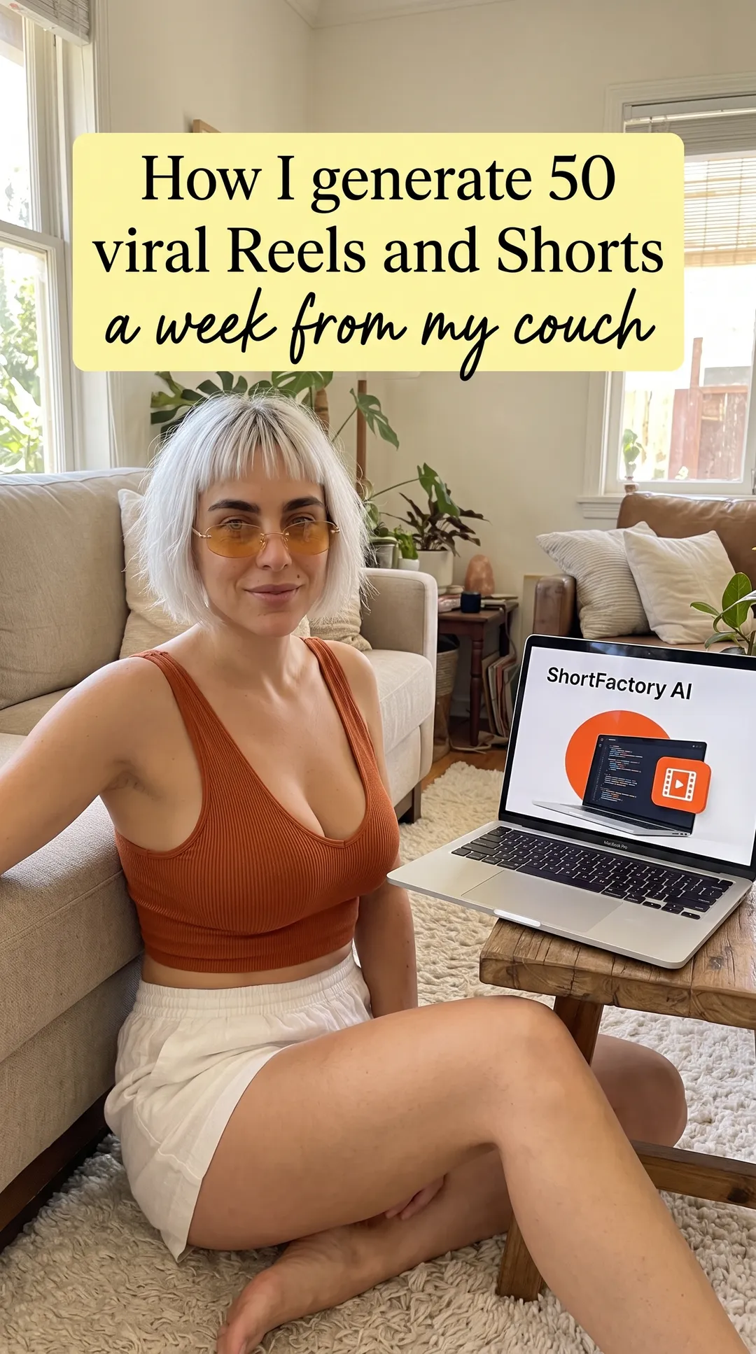 Kaia in a rust crop top and cream shorts sitting on a living room rug with a laptop showing ShortFactory AI
