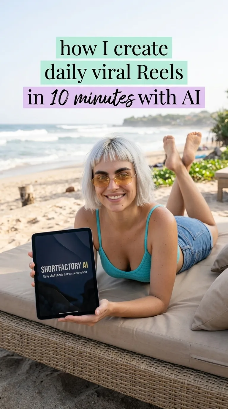 Kaia in a teal top and denim shorts lying on a rattan beach daybed holding a tablet showing ShortFactory AI