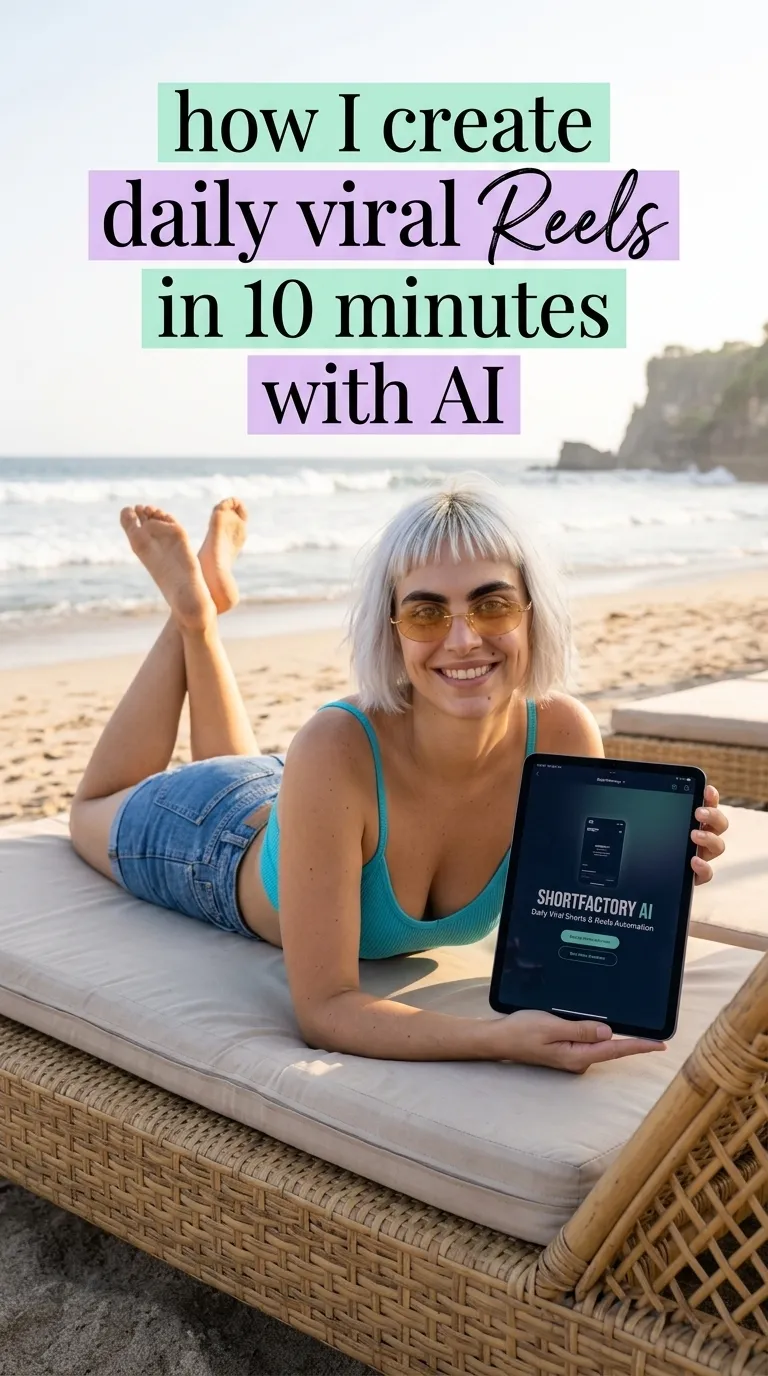 Kaia in a teal top and denim shorts lying on a beach daybed holding a tablet showing ShortFactory AI