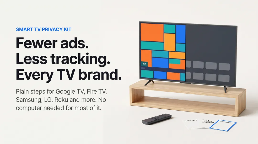 Smart TV Privacy Kit banner with a TV on an oak stand, a remote, an undo card and a printed checklist