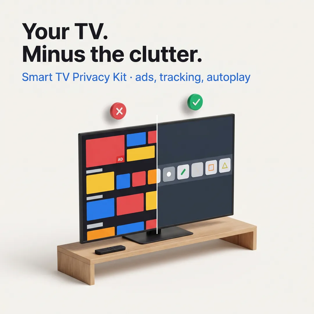 Smart TV Privacy Kit cover: a cluttered ad home screen beside a clean home screen on a wooden TV stand