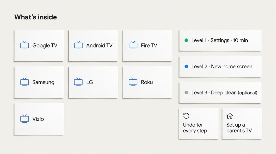 What is inside Smart TV Privacy Kit: setup pages for seven TV systems, three levels and an undo card