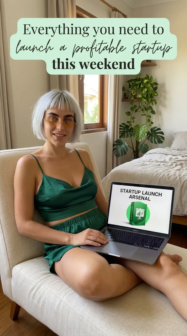 Kaia in an emerald satin set sitting in a cream armchair with a laptop showing Startup Launch Arsenal on her lap