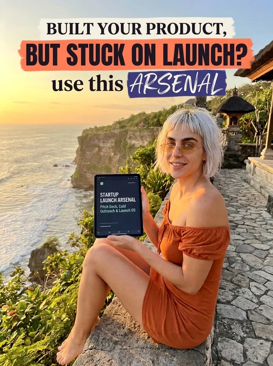 Kaia in a rust off-shoulder dress on a clifftop stone wall at sunset holding a tablet showing Startup Launch Arsenal