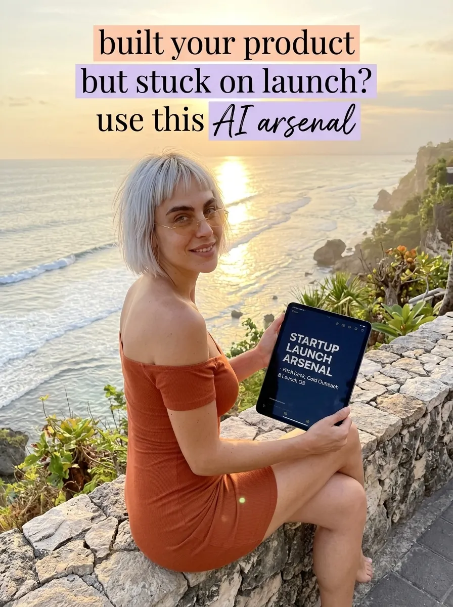 Kaia in a rust off-shoulder dress on a stone wall above the sea at sunset holding a tablet showing Startup Launch Arsenal