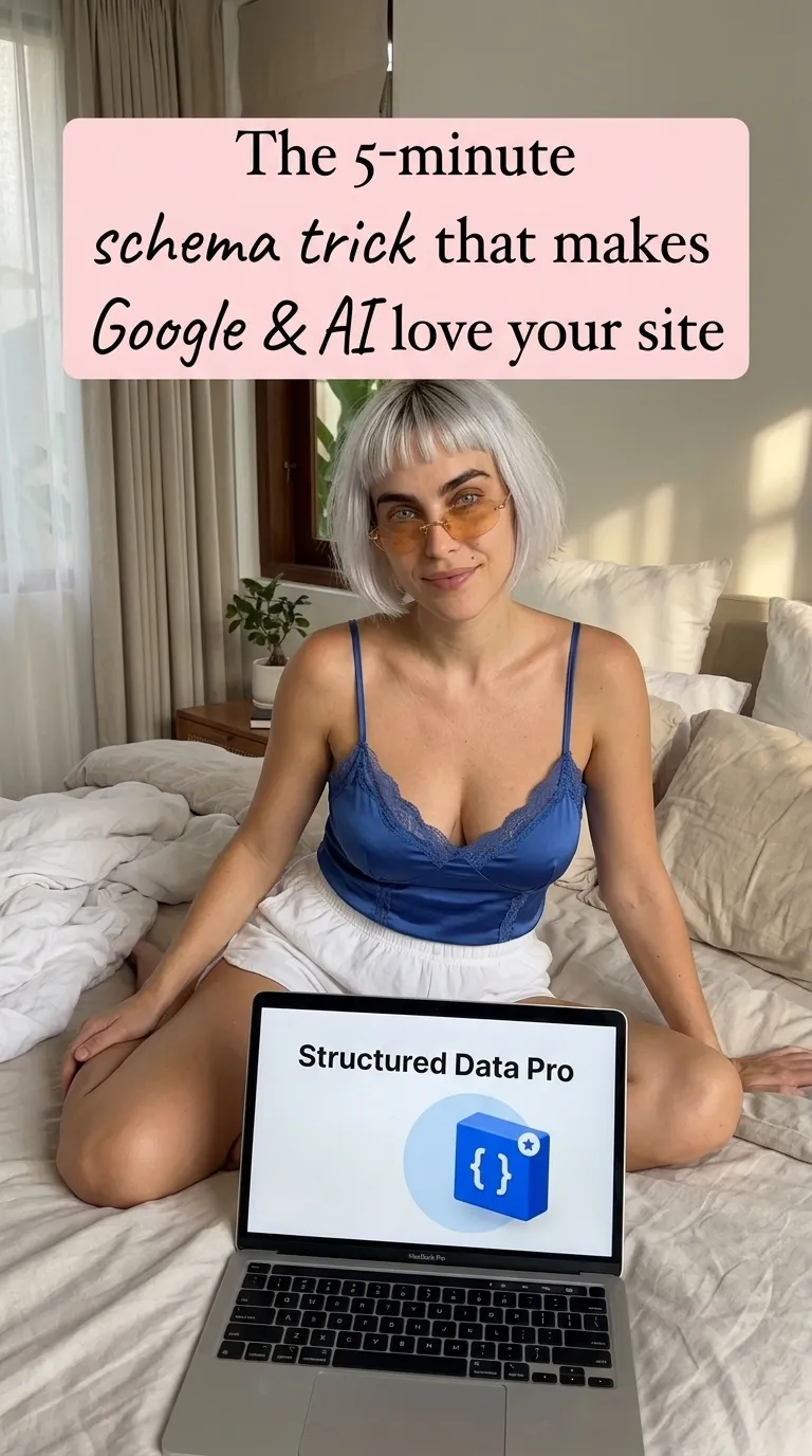 Kaia in a navy lace cami cross-legged on a white bed with a laptop showing Structured Data Pro