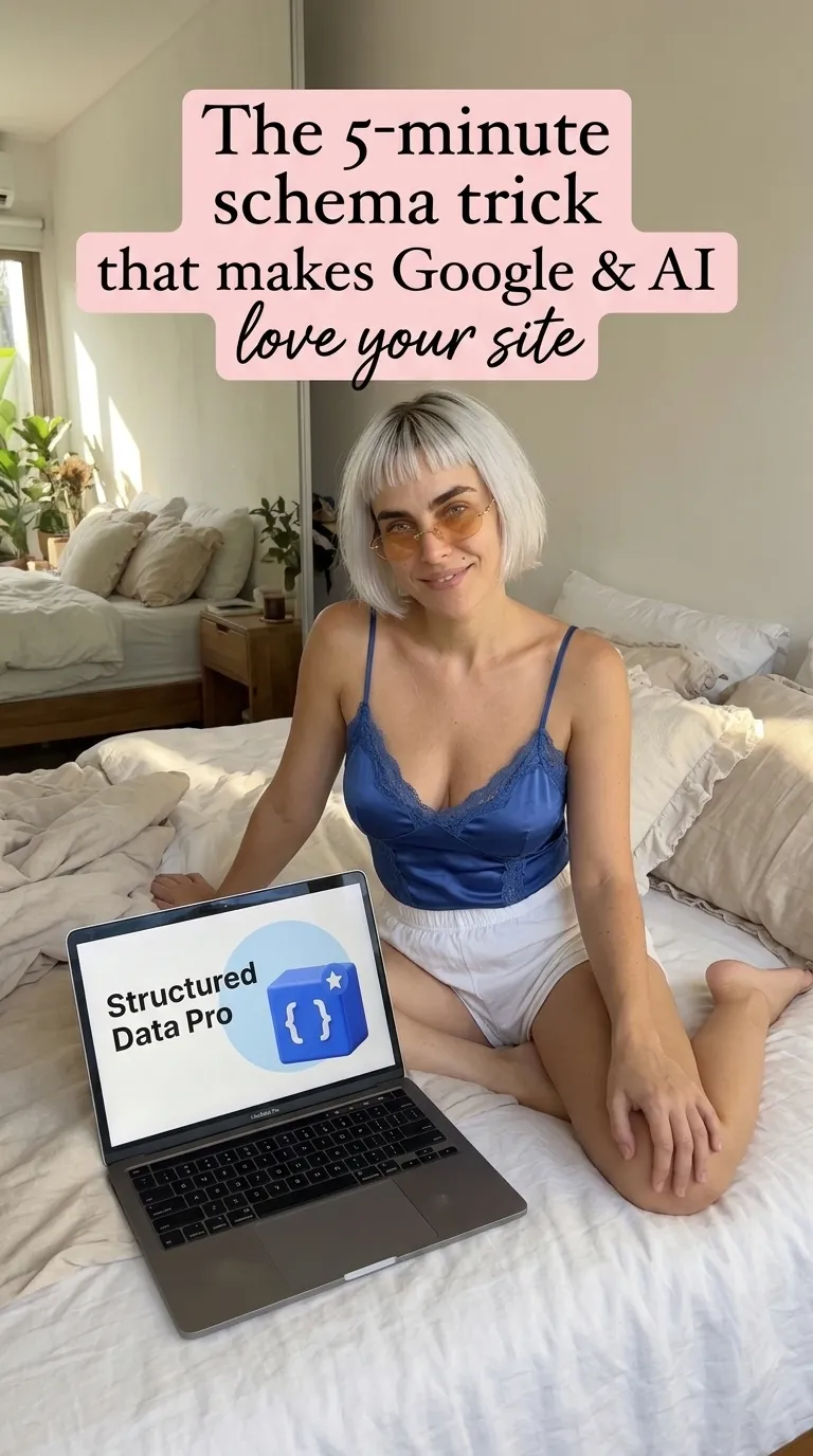 Kaia in a navy lace cami and white shorts sitting on a bed with a laptop showing Structured Data Pro