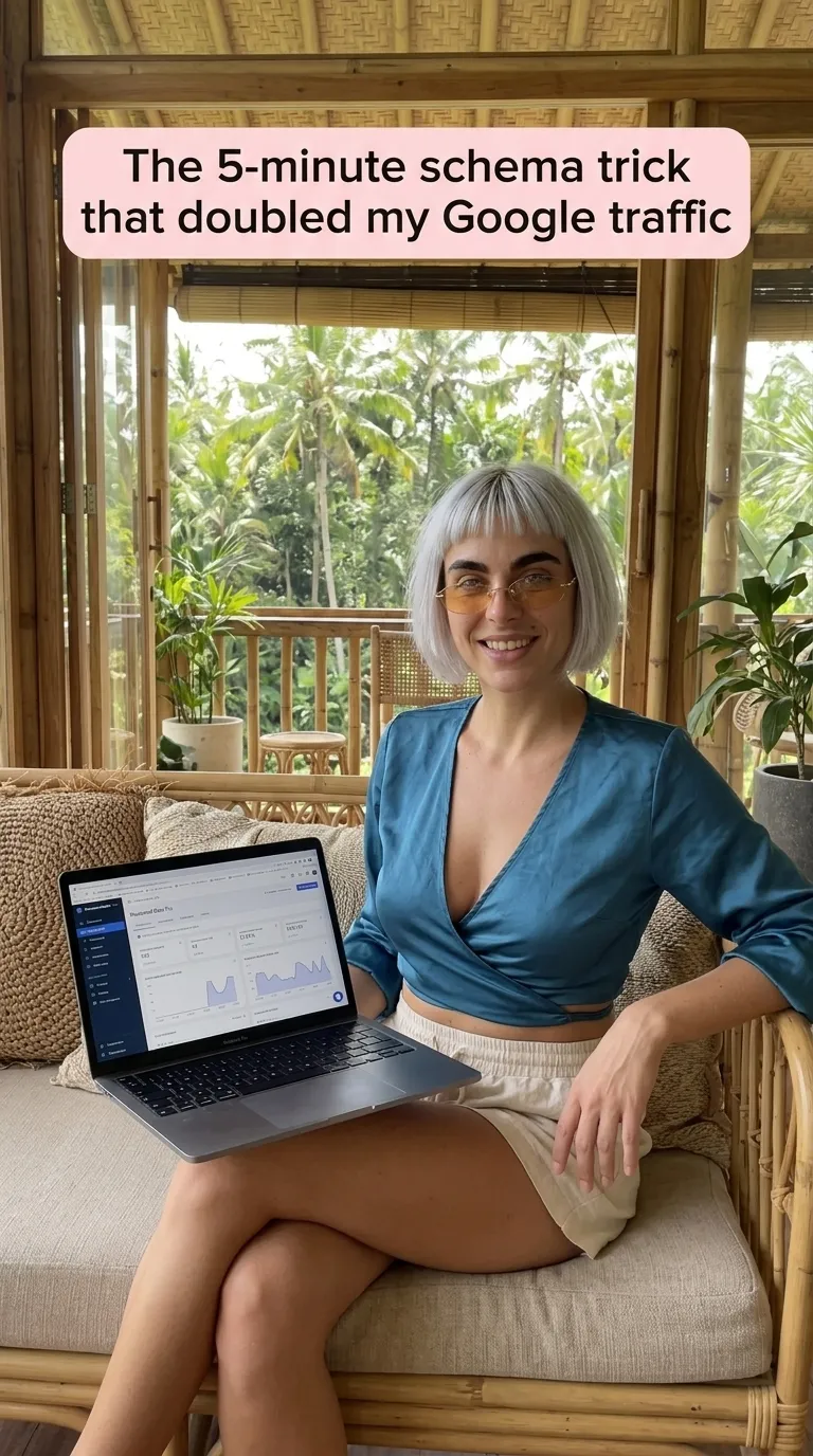 Kaia in a teal satin wrap top on a cushioned rattan sofa with a laptop on her lap in an open pavilion